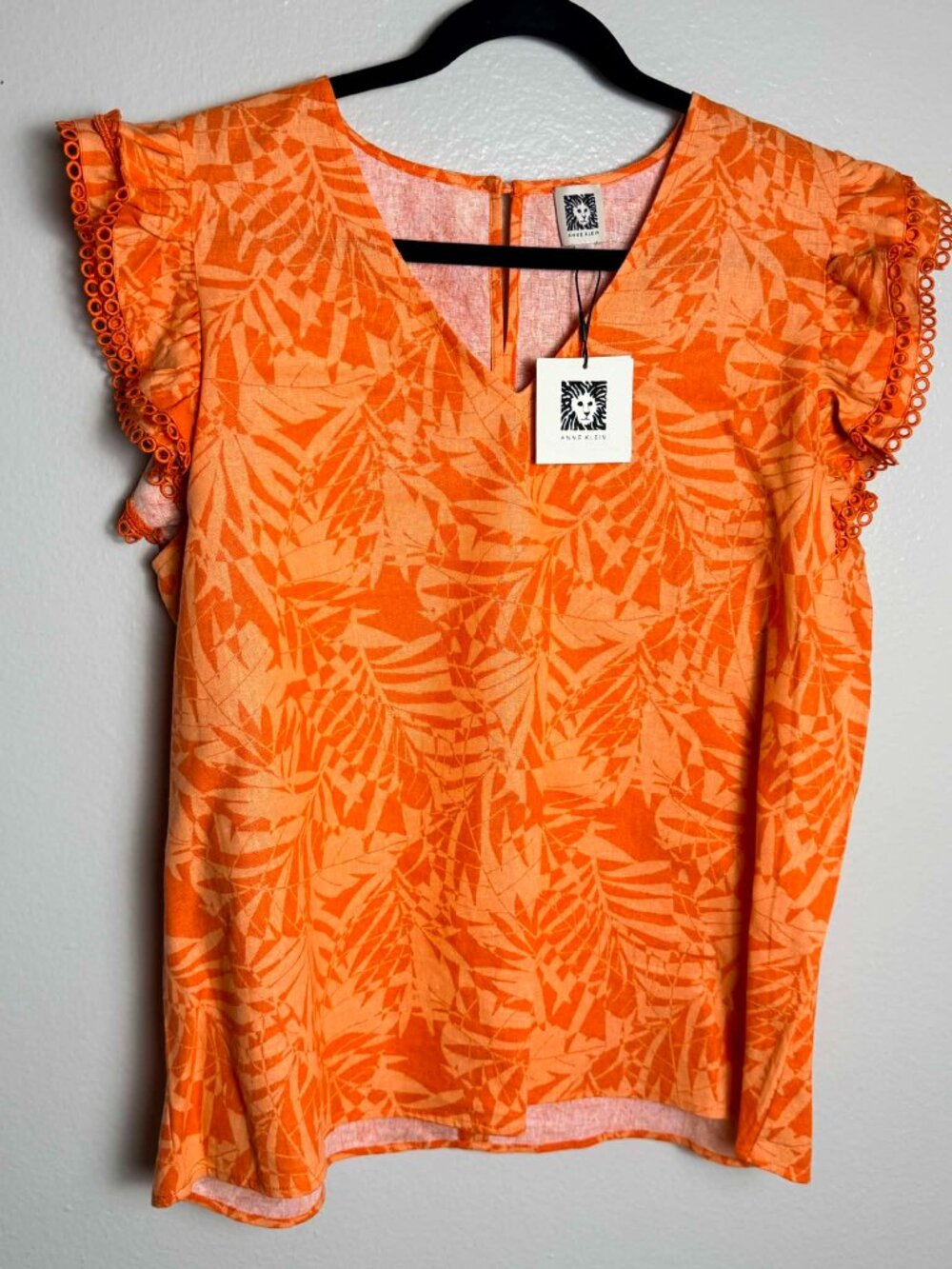 Anne Klein Orange Floral Palm Print Ruffle Sleeve Top